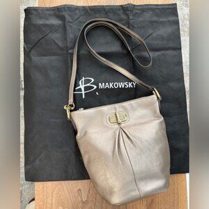 B. MAKOWSKY Metallic Gold Leather Crossbody Bag Turn Lock Branded Dust Bag